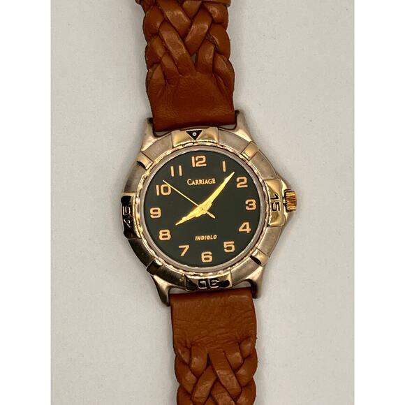 Carriage Gold Silver Women's Watch w/ Brown Leather Braided Band Analog Indiglo - Picture 1 of 12